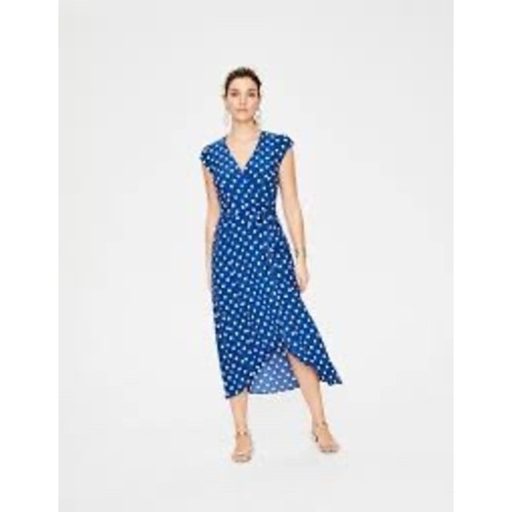 Boden Polka Dot Wrap Midi Dress Women 2R Blue Excellent Short Sleeve V-Neck - Picture 2 of 8